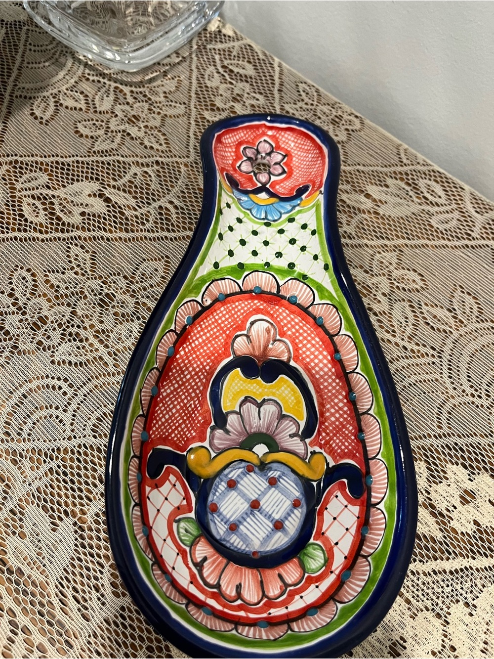 Hand-Painted Ceramic Talavera Mexican Spoon Rest in Coral, Blue & Green
